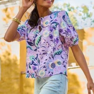 Talbots Tie Front Jacobean Purple Lilac Print Top, Medium